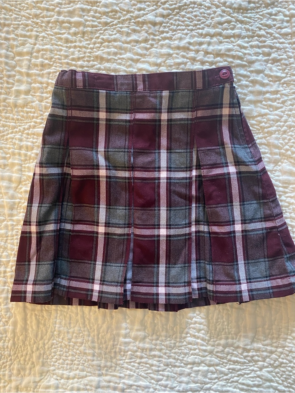 Lands' End Burgundy Gray Plaid Box Pleat School Uniform Skirt